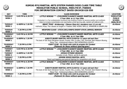 KUMIAI-RYU MARTIAL ARTS SYSTEM PARKES DOJO CLASS TIME TABLE MIDDLETON PUBLIC SCHOOL, MEDLYN ST, PARKES FOR INFORMATION CONTACT DAVID ONDAY TUESDAY WEEK 1