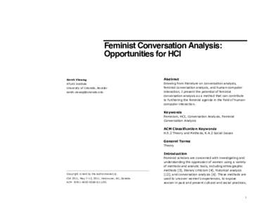 Feminist Conversation Analysis: Opportunities for HCI Sarah Vieweg Abstract