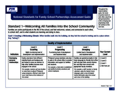 National Standards for Family-School Partnerships Assessment Guide  Standard 1—Welcoming All Families into the School Community Throughout this implementation