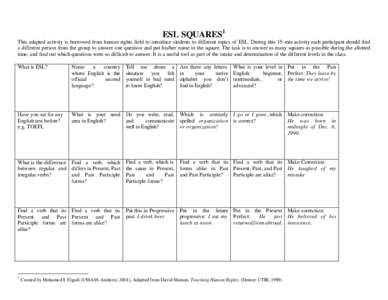 ESL SQUARES1 This adapted activity is borrowed from human rights field to introduce students to different topics of ESL. During this 15-min activity each participant should find a different person from the group to answe
