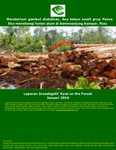 Moratorium gambut diabaikan, dua kebun sawit grup Panca Eka menebangi hutan alam di Semenanjung Kampar, Riau Laporan Investigatif Eyes on the Forest Januari 2016 Eyes on the Forest (EoF) adalah koalisi LSM Lingkungan di 