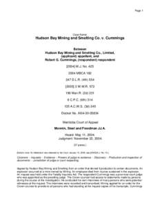 Page 1  Case Name: Hudson Bay Mining and Smelting Co. v. Cummings Between