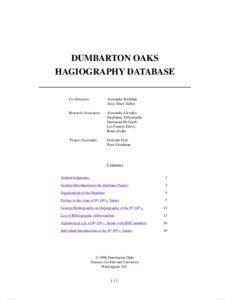 DUMBARTON OAKS HAGIOGRAPHY DATABASE Co-Directors: