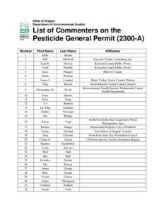 State of Oregon Department of Environmental Quality List of Commenters on the Pesticide General PermitA) Number