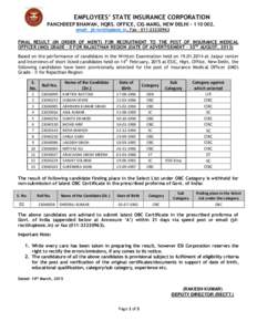 EMPLOYEES’ STATE INSURANCE CORPORATION PANCHDEEP BHAWAN, HQRS. OFFICE, CIG MARG, NEW DELHI – email- , Fax – FINAL RESULT (IN ORDER OF MERIT) FOR RECRUITMENT TO THE POST OF IN