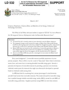LD 532  An Act To Remove the 100-megawatt Limit on Hydroelectric Generators under the Renewable Resources Laws