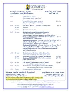 Faculty Senate Meeting Agenda Virginia Dare Room, Alumni House Wednesday, April 5, 2017 3:00 – 5:00 PM