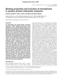 Published online June 27, 2005 Nucleic Acids Research, 2005, Vol. 33, No–3635 doi:nar/gki678 Binding properties and evolution of homodimers in protein–protein interaction networks