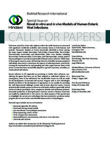 BioMed Research International Special Issue on Novel in vitro and in vivo Models of Human Enteric Viral Infections  CALL FOR PAPERS