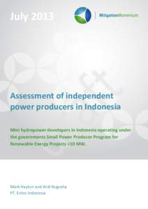 JulyAssessment of independent power producers in Indonesia Mini hydropower developers in Indonesia operating under the governments Small Power Producer Program for