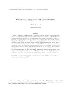 The proceedings version of this paper appears asThis is the full version.  Authenticated-Encryption with Associated-Data Phillip Rogaway∗ 20 September 2002