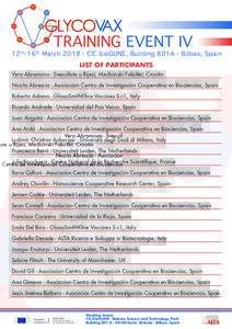 TRAINING EVENT IV  12 th -16 th MarchCIC bioGUNE, Building 801A - Bilbao, Spain LIST OF PARTICIPANTS  Vera Abramova - Sveuciliste u Rijeci, Medicinski Fakultet, Croatia