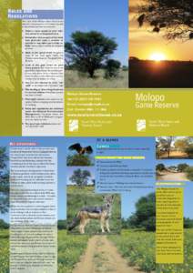 Rules and Regulations The rules of the Molopo Game Reserve are there for the protection of its visitors as well as the animals and the environment. 1. Visitors must remain in their vehicles unless in a designated area.