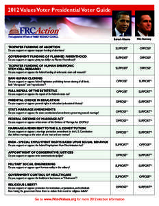 2012 Values Voter Presidential Voter Guide  Barack Obama Mitt Romney