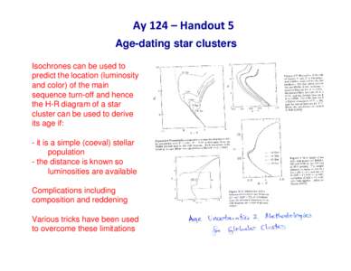 Ay 124 – Handout 5 Age-dating star clusters Isochrones can be used to predict the location (luminosity and color) of the main sequence turn-off and hence