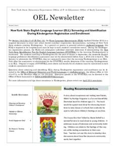 New York State Education Department~Office of P -12 Education~Office of Early Learning  OEL Newsletter Volume 2, Issue 2  March 2016