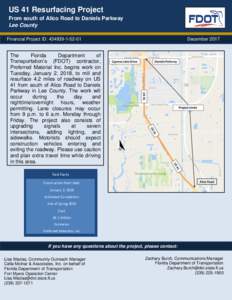 US 41 Resurfacing Project From south of Alico Road to Daniels Parkway Lee County Financial Project ID: December 2017