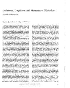 Difference, Cognition, and Mathematics Education* VALERIE WALKERDINE *An invited talk given to the International Group for the Psychology of Mathematics Education Mexico City, July 1990