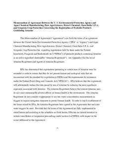 Memorandum of Agreement Between the U. S. Environmental Protection Agency and Agan Chemical Manufacturing, Dow AgroSciences, Drexel Chemical, Oxon Italia S.P.A., and Syngenta Crop Protection Concerning the Registration o