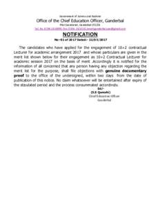 Government of Jammu and Kashmir  Office of the Chief Education Officer, Ganderbal Mini Secretariat, GanderbalTel. No.:; Fax: :email: