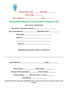 DRIVER START TIME __________ END TIME ______________ TOTAL TIME_______________ Driver Signature:_____________________________Date:________________ Sauk-Suiattle Medical Transportation Request Form Clinic Phone: 