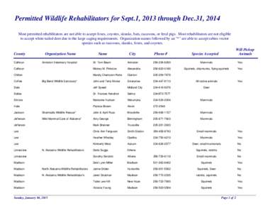 Permitted Wildlife Rehabilitators for Sept.1, 2013 through Dec.31, 2014 Most permitted rehabilitators are not able to accept foxes, coyotes, skunks, bats, raccoons, or feral pigs. Most rehabilitators are not eligible to 