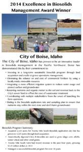 2014 Excellence in Biosolids Management Award Winner City of Boise, Idaho  The City of Boise, Idaho