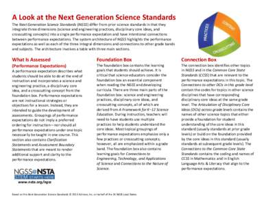 A Look at the Next Generation Science Standards The Next Generation Science Standards (NGSS) differ from prior science standards in that they integrate three dimensions (science and engineering practices, disciplinary co