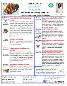 June 2016 Men’s Health Dairy Month ShopRite of Jersey City, NJ Dietitian In-store Event Calendar