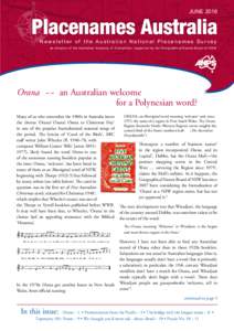 JUNENewsletter of the Australian Na tional Placenames Sur vey an initiative of the Australian Academy of Humanities, suppor ted by the Geographical Names Board of NSW  Orana 	~~	 an Australian welcome