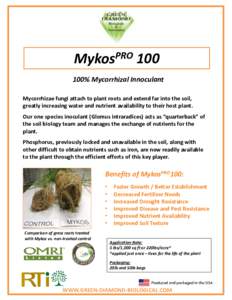 MykosPRO% Mycorrhizal Innoculant Mycorrhizae fungi attach to plant roots and extend far into the soil, greatly increasing water and nutrient availability to their host plant. Our one species inoculant (Glomus int