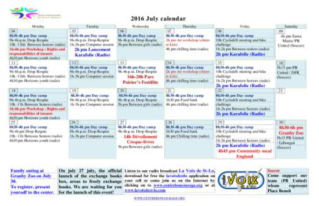 2016 July calendar Monday Tuesday  Wednesday