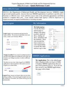 Virginia Department of Behavioral Health and Developmental Services  DELTA Users—Quick Reference Card About DELTA Users DELTA is the Department of Behavioral Health and Development Services’ (DBHDS) single sign-on an
