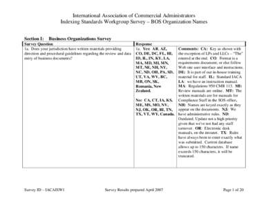 International Association of Commercial Administrators Indexing Standards Workgroup Survey – BOS Organization Names Section I: Business Organizations Survey