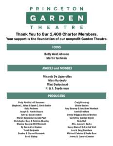 Thank You to Our 1,400 Charter Members.  Your support is the foundation of our nonprofit Garden Theatre. ICONS Betty Wold Johnson Martin Tuchman