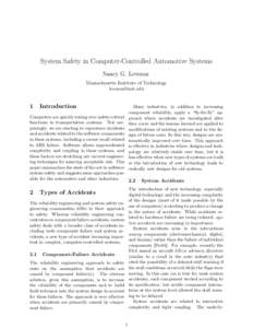 System Safety in Computer-Controlled Automotive Systems Nancy G. Leveson Massachusetts Institute of Technology   1