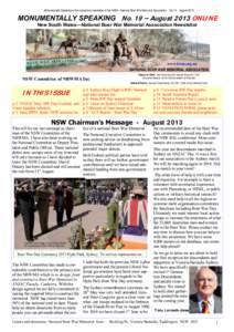 Monumentally Speaking is the occasional newsletter of the NSW—National Boer War Memorial Association No.19 AugustMONUMENTALLY SPEAKING No. 19 – August 2013 ONLINE New South Wales—National Boer War Memorial A