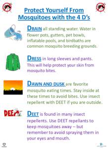 Protect Yourself From Mosquitoes with the 4 D’s DRAIN all standing water. Water in flower pots, gutters, pet bowls, inflatable pools, and birdbaths are