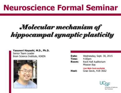 Neuroscience Formal Seminar Molecular mechanism of hippocampal synaptic plasticity Yasunori Hayashi, M.D., Ph.D. Senior Team Leader Brain Science Institute, RIKEN