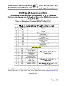 SCHOOL OF BASIC SCIENCES List of candidates selected for admission in M.Sc. (Applied Mathematics) program during Odd Semester 2016 of Academic YearDate of Selection Process: 15-16th July, 2016