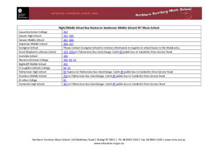 High/Middle School Bus Routes to Sanderson Middle School/ NT Music School Casuarina Senior College Darwin High School Darwin Middle School Dripstone Middle School Essington School