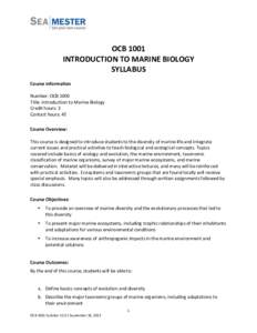    OCB	
  1001	
   INTRODUCTION	
  TO	
  MARINE	
  BIOLOGY	
   SYLLABUS	
   	
  