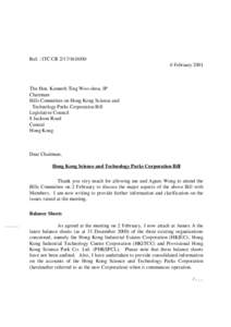Ref. : ITC CR[removed]February 2001 The Hon. Kenneth Ting Woo-shou, JP Chairman Bills Committee on Hong Kong Science and