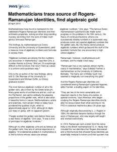 Mathematicians trace source of Rogers-Ramanujan identities, find algebraic gold