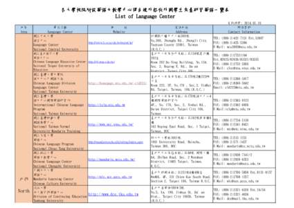 各大學校院附設華語文教學中心得自境外招收外國學生來臺研習華語一覽表 List of Language Center 地區 Area  單位名稱