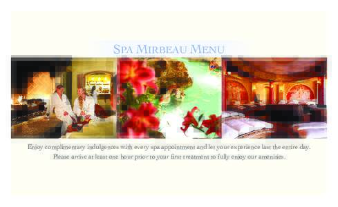 sPa Mirbeau Menu  Enjoy complimentary indulgences with every spa appointment and let your experience last the entire day. Please arrive at least one hour prior to your first treatment to fully enjoy our amenities.  Mass