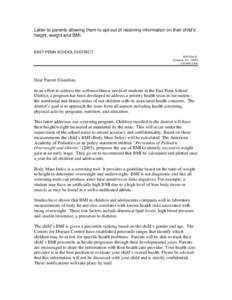 Letter to parents allowing them to opt-out of receiving information on their child’s height, weight and BMI