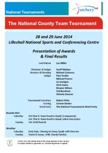 National Tournaments  The National County Team Tournament 28 and 29 June 2014 Lilleshall National Sports and Conferencing Centre Presentation of Awards