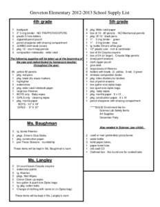 Groveton Elementary[removed]School Supply List 4th grade[removed]