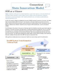 Connecticut  State Innovation Model SIM at a Glance Vision: Establish a whole-person-centered healthcare system that improves community health and eliminates health inequities; ensures superior access, quality, and care 